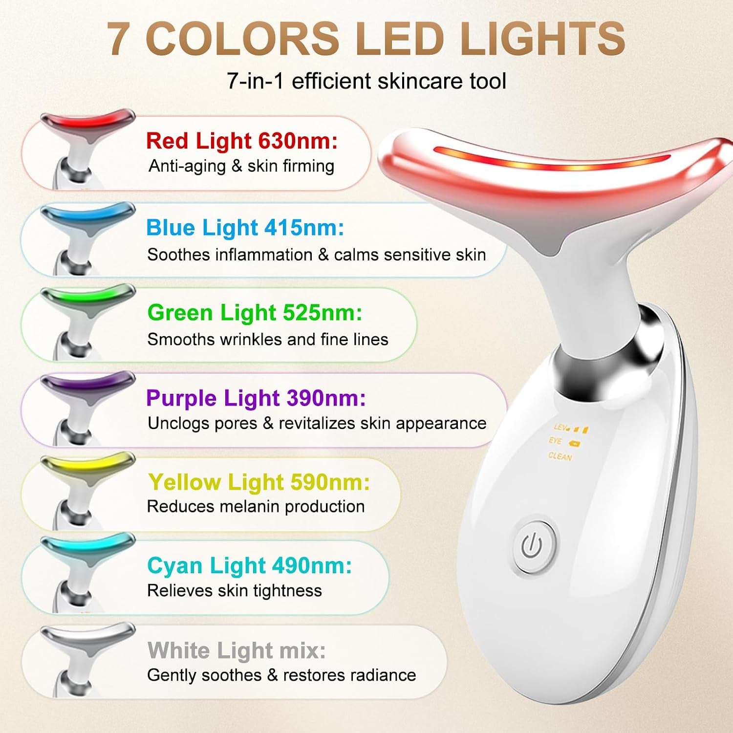 Facial Massager, 7 Color Face and Neck Massager for Skin Care at Home, Portable Beauty Skin Care Tools, White