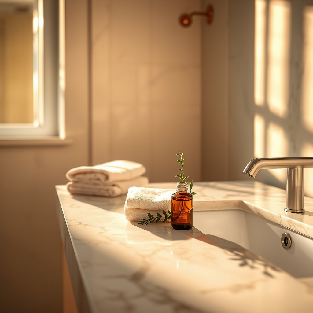 Morning ritual: marble vanity with serum and towels in golden light